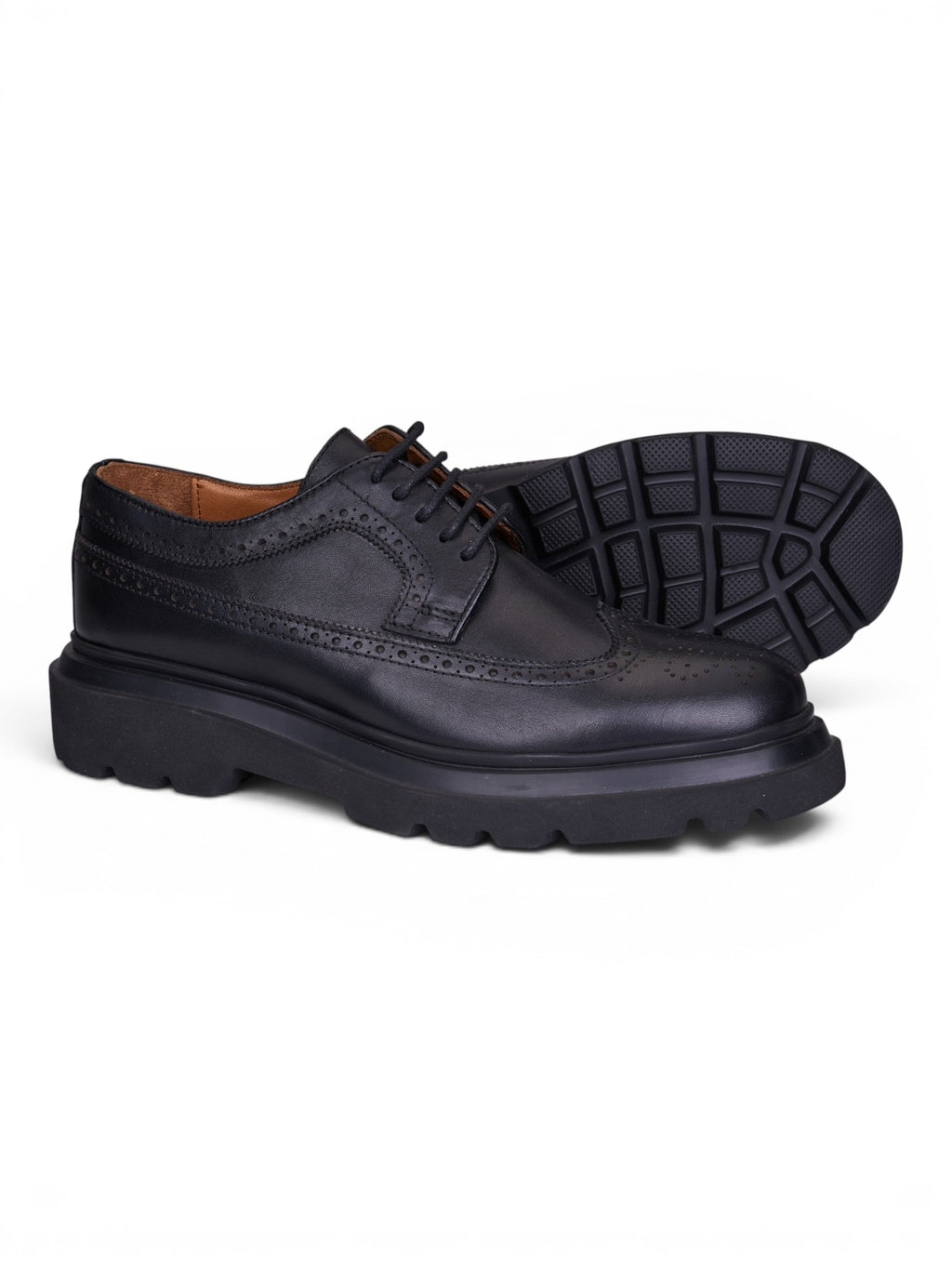 Oxford Brogue Kalın Taban Siyah Deri Ayakkabı